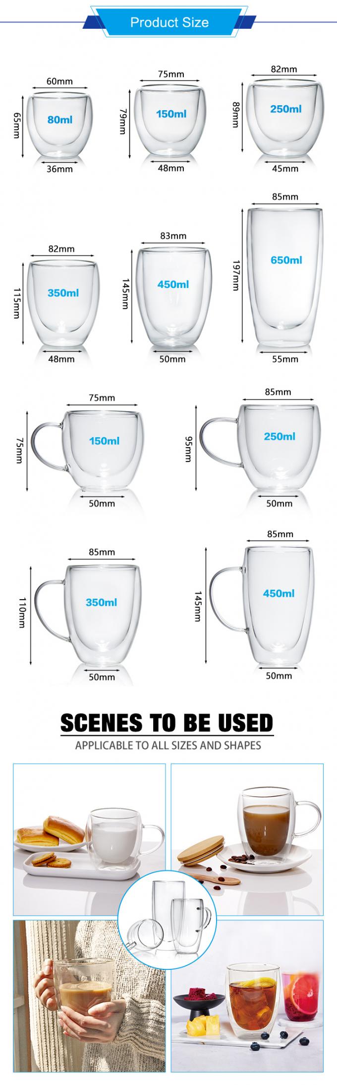 স্বচ্ছ উচ্চ Borosilicate ডাবল বিচ্ছিন্ন গ্লাস কাপ মগ বাল্ক 250ml 1