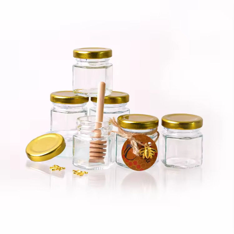 কাস্টম লেবেল হেক্সাগন আকৃতি 100ml 180ml 380ml মধু গ্লাস জার জন্য অলিভ ফলের জ্যাম