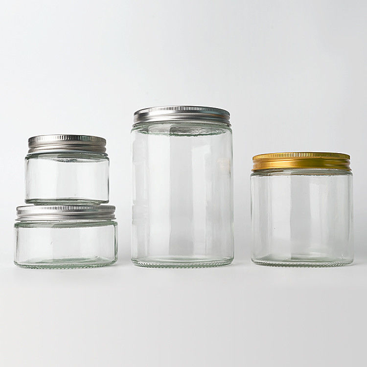 খালি স্বচ্ছ গ্লাস গোলাকার সোজা পাশ 4oz 8oz 12oz 20oz গ্লাস জার গভীর ধাতু ঢাকনা সঙ্গে খাদ্য ধারক