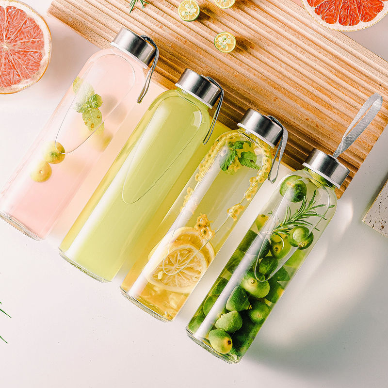 উচ্চ মানের পাইকারি উচ্চ Borosilicate গ্লাস স্টেইনলেস স্টীল ঢাকনা সঙ্গে পানীয় জল বোতল